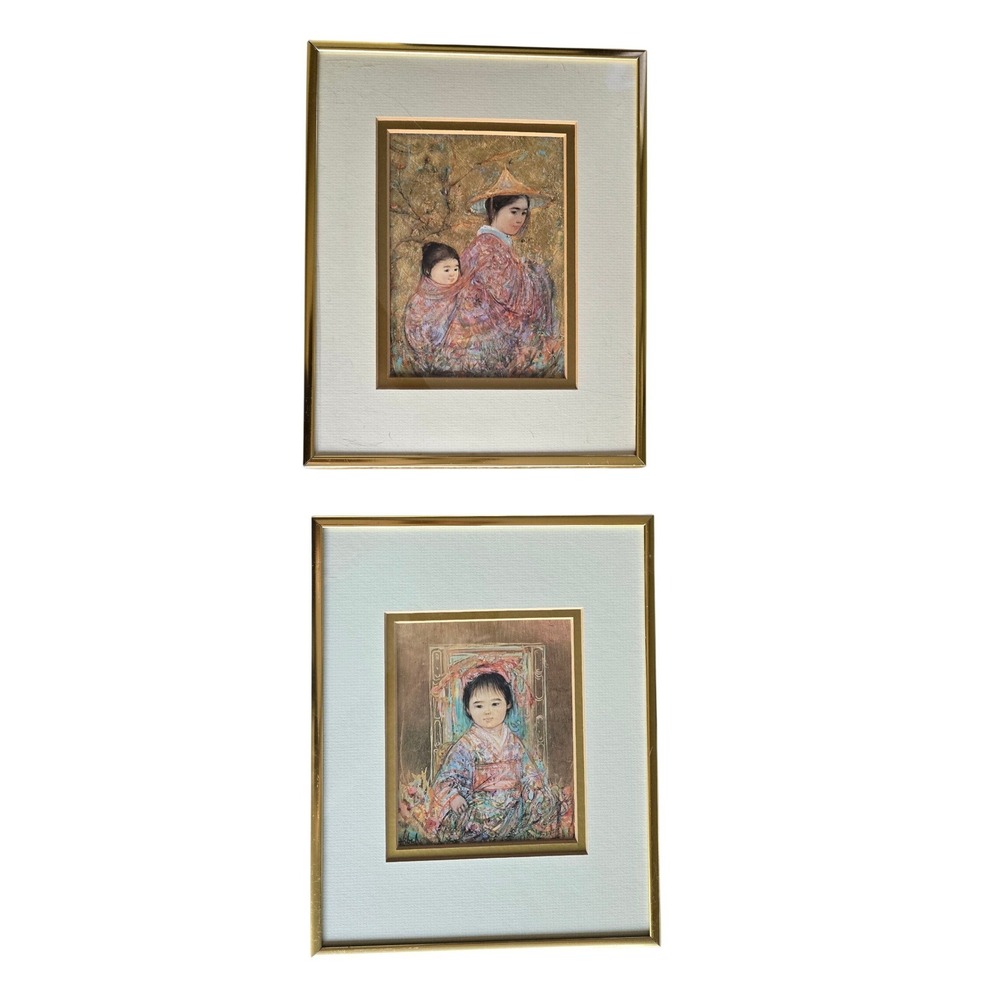 Edna Hibel Japanese Mother & Child Framed Art Print Set of 2 Gold Tone Frames